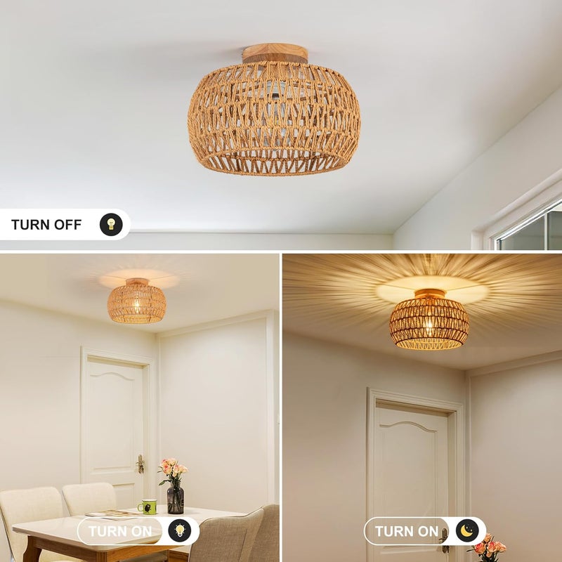 OCWHT Boho Ceiling Light Fixtures Rattan Chandelier Bedroom Light Small Rattan Flush Mount Ceiling Light Hand-Woven Chandelier for Nursery Light Kitchen Farmhouse Chandeliers - Image 3